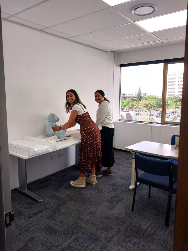 Plunket Nurse Sonia Kumar (left) and Clinical Leader Riteshni Kumar preparing for a clinic in Whānau Āwhina Plunket’s new Counties Manukau hub in the Westfield Manukau shopping centre.