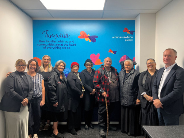 A dawn blessing ceremony marked the opening of the new Whānau Āwhina Plunket Westgate hub. Chief Executive Fiona Kingsford (second from left), Regional Operations Manager Sam Ferreira (far left), Plunket Board members Tarati Blair-Hunt and Matthew Harker (far right) and Ngāti Whatua o Kaipara representatives.