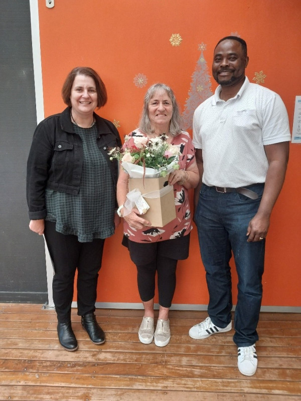 Whānau Āwhina Plunket volunteer Mary Hall (centre) with Community Services Manager Clare Green (left) and Community Services Team Leader Francois Kayembe.